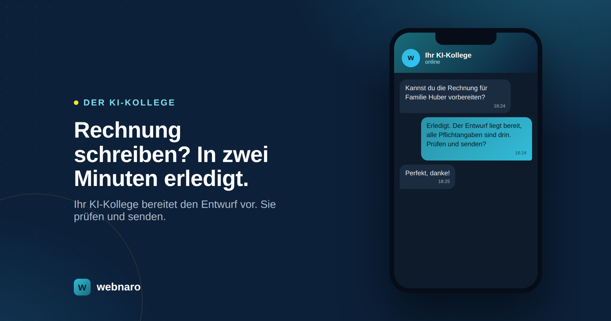 Der KI-Kollege bereitet eine Rechnung vor, der Betrieb prüft und sendet