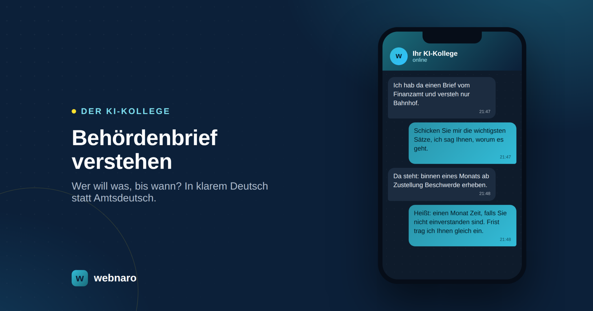 KI-Kollege fasst einen Behördenbrief zusammen und bereitet die Antwort vor – webnaro