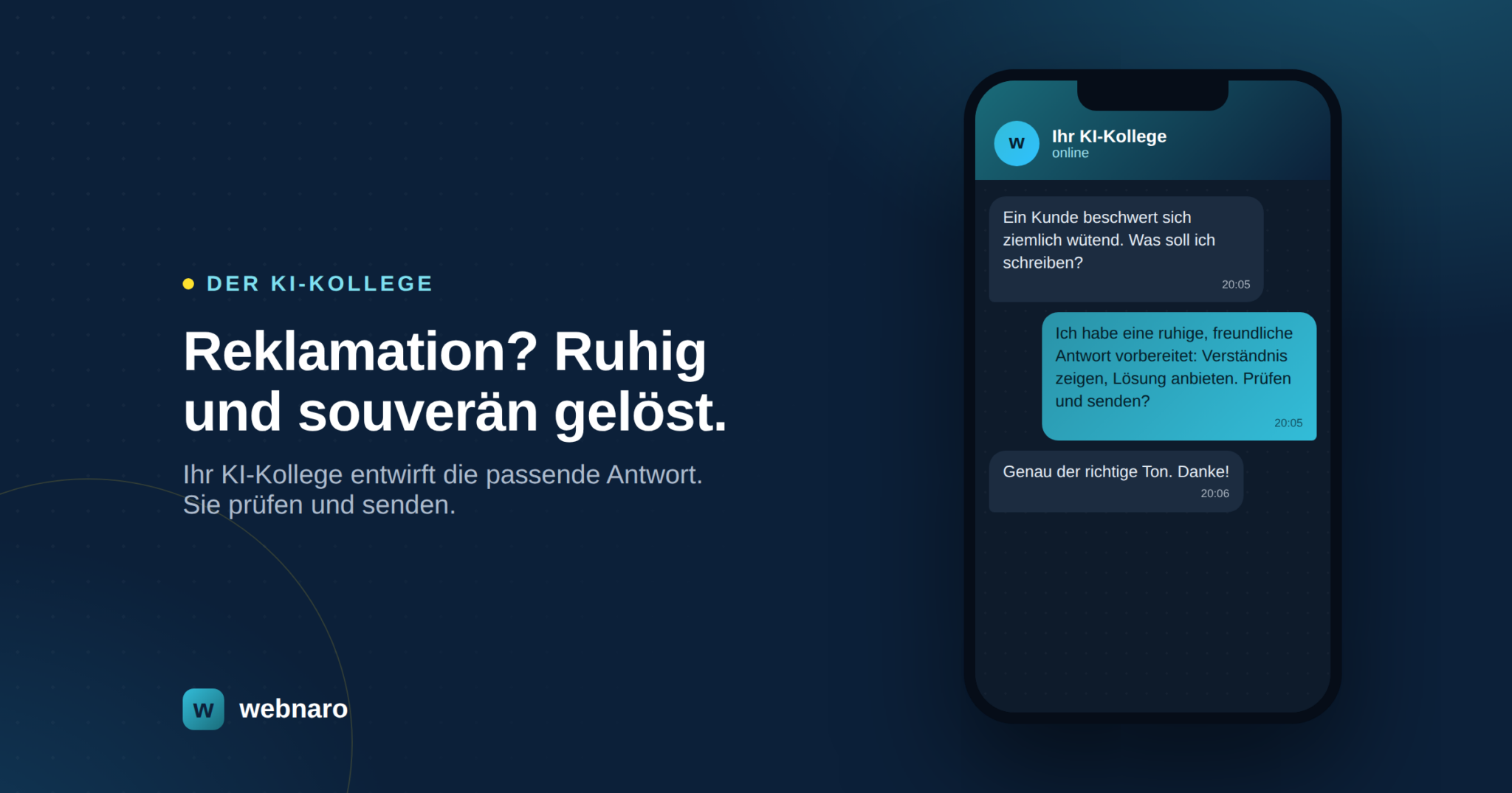 Der KI-Kollege entwirft eine souveräne Antwort auf eine Reklamation